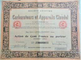 S.A. Carburateurs Et Appareils Claudel - Act. De 100fr Au P. (Levallois - Peret (Seine)) - Automobilismo