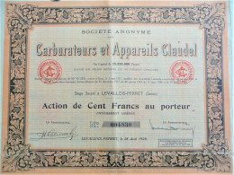 S.A. Carburateurs Et Appareils Claudel - Act. De 100fr Au P. (Levallois - Peret (Seine)) - Automobil