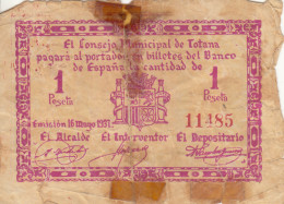 CRBL0165 BIILLETE LOCAL TOTANA MURCIA 1 PESETA 1937 BC - Otros & Sin Clasificación