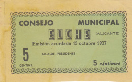 CRBL0201 BILLETE LOCAL ELCHE 5 CTS 1937 MBC - Otros & Sin Clasificación