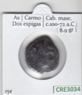 CRE3034 MONEDA IBERICA AS CARMO CAB. MASC. DOS ESPIGAS C.100-72 A.C - Keltische Münzen