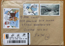 FRANCE SP&M COMBO 2024, COVER USED TO INDIA, EXPRESS LABEL, 2015 TRANSPORT, 2018 BIRD, PUPPET THEATRE, GUIGNOL DES CHAMP - Covers & Documents