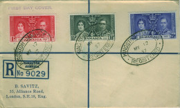 JAMAICA KGVI 1937 Coronation SG  118-20 On Registered First Day Cover To London - Giamaica (...-1961)