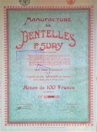 Manufacture De Dentelles - F.Sury - Action De 100 Francs - Bruxelles - 1920 - Other & Unclassified