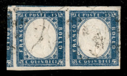 Regno - Vittorio Emanuele II - 1863 - 15 Cent Azzurro Grigio (11e) - Coppia Orizzontale Con Margini Molto Ampi E Annullo - Otros & Sin Clasificación