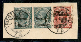 Occupazioni I Guerra Mondiale - Venezia Giulia - Frammento Con 10 Cent (22b) Con Doppia Soprastampa + Coppia Del 5 Cent  - Autres & Non Classés