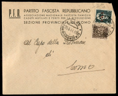 RSI - G.N.R. Verona - 15 Cent (472) + 10 Cent Recapito (3 Regno) - Busta Da Como Per Città Del 25.6.44 - Raybaudi - Autres & Non Classés