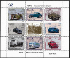 Albania Albanie 2023 Retro Cars Buses Motorcycles Trucks Firefighter Auto Transport Set Of 8 Stamps With Label In Block - Busses