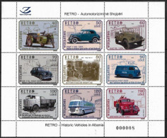 Albania Albanie 2023 Retro Cars Buses Motorcycles Trucks Firefighter Auto Transport Set Of 8 Stamps With Label In Block - Bussen