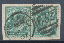 GB EVII ½d Blue-green (pair) VFU On Piece With Duplex „PWLLHELI / 632“, Caernarfonshire, Wales (3VOD, Time In Full 630PM - Used Stamps