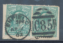 GB EVII ½d Blue-green (pair) VFU On Piece With Duplex „ENFIELD / C85“, Middlesex (Greater London) (3VOD, Time In Full 9. - Used Stamps