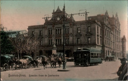 ! Alte Ansichtskarte Buenos Aires, Estacion Once De Septembre, Tramway, Argentinien, 1909 With Ship Mail  Regina Elena - Argentina