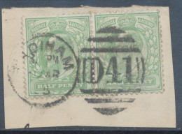 GB EVII ½d  Yellowish Green (pair) VFU On Piece With Duplex „PADIHAM / D41“, Lancashire (3VOD, Time In Full 8. PM), 10.3 - Used Stamps