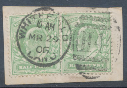 GB EVII ½d  Yellowish Green (pair) VFU On Piece With Duplex „WHITEFIELD / LANC / H44“, Lancashire (3VODB, Time In Full 1 - Used Stamps