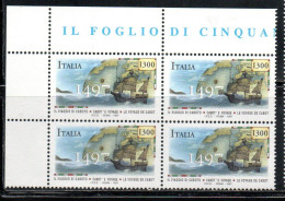 ITALIA REPUBBLICA ITALY REPUBLIC 1997 SBARCO DI GIOVANNI CABOTO SULLE COSTE CANADESI QUARTINA ANGOLO DI FOGLIO BLOCK MNH - 1991-00: Ungebraucht