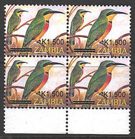 Zm1025b4  Zambia 2007, SG1025, K1,500 Surcharge On K1,200 Birds Of Zambia - Small Format,  MNH Block Of 4 - Zambia (1965-...)