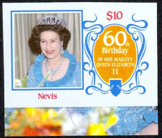 Nevis Sc# 476 (stamp Only) MNH IMPERF 1986 $10 Queen Elizabeth II 60th - St.Kitts And Nevis ( 1983-...)