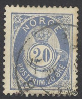 Norway Sc# 44 Used 1886 20o Blue Post Horn & Crown - Gebruikt