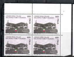 ITALIA REPUBBLICA ITALY REPUBLIC 1997 ESODO POPOLAZIONI DALLA DALMAZIA DALL'ISTRIA E DA FIUME MNH QUARTINA ANGOLO FOGLIO - 1991-00: Ungebraucht