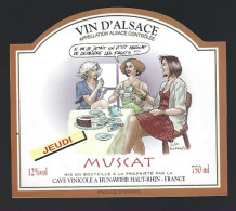 Etiquette Vin  Alsace Muscat   Cave De Hunawihr 68 Jeudi Illustration De Walter Brinkmann - Witte Wijn