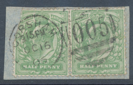 GB EVII ½d  Yellowish Green (pair, One Damaged) VFU On Piece With Duplex „CORSHAM / 005“, Wiltshire (3VOD, Time In Full - Used Stamps
