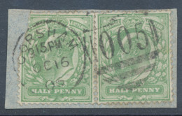 GB EVII ½d  Yellowish Green (pair, One Damaged) VFU On Piece With Duplex „CORSHAM / 005“, Wiltshire (3VOD, Time In Full - Used Stamps