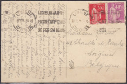 Composition  PAIX 40c  +  50c  Sur CPA De  LISIEUX  1934   Pour  SOIGNIES   Belgique Avec  Oblité-Mécanique KRAG - 1932-39 Peace