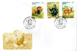 FDC BENIN, Lion, Ape, Gazelle   /    Lettre De Première Jour, Lion, Singe   1995 - Animalez De Caza