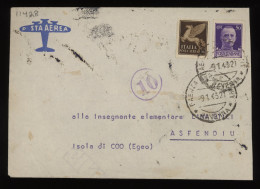 Italy 1943 Censored Air Mail Cover To Isola Di Coo__(11428) - Posta Aerea