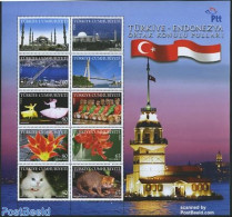 Türkiye 2008 Joint Issue Indonesia 10v M/s, Mint NH, Nature - Performance Art - Various - Cats - Flowers & Plants - D.. - Autres & Non Classés
