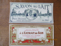 2 ETIQUETTES SAVON AU LAIT PAUL TRANOY PARIS-BRUXELLES ET SAVON A L'EXTRAIT DE SON SAVONNERIE PAUL TRANOY PARIS TOURCOIN - Etiquetas