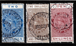 NEW ZEALAND 1882/1914 QV. TAX STAMPS 2/-  2/6   10/-  GOOD USED - Gebruikt