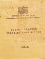 Burma  (Birmania) Myanmar Refugees Certificate Of  Identity , 1945 WWII  Pasaporte, Passeport, Reisepass - Documents Historiques