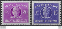 1949-52 Italia Recapito Autorizzato 2v. Bc MNH Sassone N. 10/11 - Altri & Non Classificati