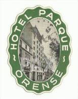 SPAIN  ORENSE  HOTEL PARQUE  ESPAÑA  VINTAGE LUGGAGE LABEL  2 SCANS - Hotel Labels