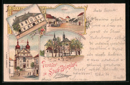 Lithographie Boleslav, Kostel P Marie, Hostinec, Kostel Sz. Vaclava  - Tchéquie