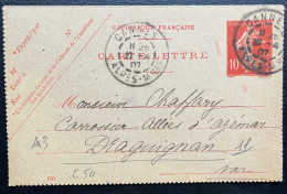 10c SEMEUSE CARTE LETTRE / CANNES POUR DRAGUIGNAN 1907 - Letter Cards