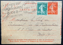 10c & 40c SEMEUSE SUR CARTE LETTRE / PARIS 115 POUR PARIS 1927 - Letter Cards
