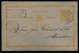 N001 Württemberg GZ Postkarte P13 B Gebraucht Bahnpost Stuttgart - Mannheim 1874, Bedarfserhaltung. - Entiers Postaux
