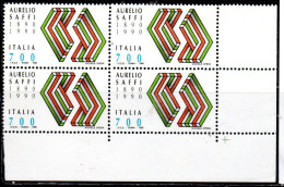 ITALIA REPUBBLICA ITALY REPUBLIC 1990 AURELIO SAFFI QUARTINA ANGOLO DI FOGLIO BLOCK MNH - 1981-90: Neufs