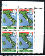 ITALIA REPUBBLICA ITALY REPUBLIC 1990 LO SCUDETTO AL NAPOLI CAMPIONE DI CALCIO QUARTINA ANGOLO DI FOGLIO BLOCK MNH - 1981-90: Neufs