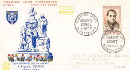 FDC N° 207 - Auguste Comte, Philosophe - Montpellier 14/9/1957 - 1950-1959