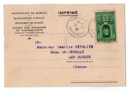 TB 4698 - 1939 - Principauté De MONACO - Carte De L'Office Des Emissions Des Timbres - Poste Pour LES BORDES ( Yonne ) - Postmarks