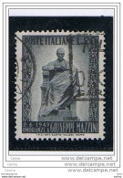 REPUBBLICA:  1949  G. MAZZINI  -  £. 20  GRIGIO  NERO  US. -  SASS. 604 - 1946-60: Oblitérés