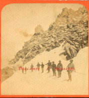 Chamonix * Grands Mulets 2 Cordées Descente Mont-Blanc, Alpiniste Appui Sur Alpenstock (cf Description) * Photo Stéréo - Stereoscopic