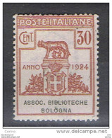 REGNO:  1924  ASSOCIAZIONE  BIBLIOTECHE  BOLOGNA  -  30 C. BRUNO  S.G. -  SASS. 3 - Portofreiheit