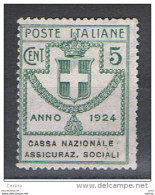 REGNO:  1924  CASSA  NAZ. ASSICURAZ. SOCIALI  -  5 C. VERDE  S.G. -  SASS. 24 - Portofreiheit