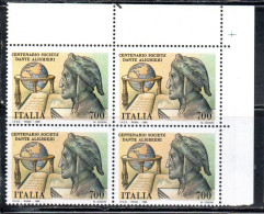 ITALIA REPUBBLICA ITALY REPUBLIC 1990 CENTENARIO FONDAZIONE DELLA SOCIETA' DANTE ALIGHIERI QUARTINA ANGOLO DI FOGLIO MNH - 1981-90: Neufs