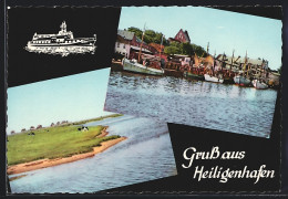 AK Heiligenhafen, Hafenpanorama Mit Fischkuttern, Weidende Kühe Am Fluss  - Heiligenhafen