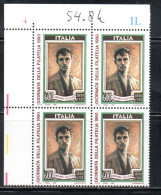 ITALIA REPUBBLICA ITALY REPUBLIC 1990 GIORNATA DELLA FILATELIA STAMP DAY CORRADO MEZZANA QUARTINA ANGOLO DI FOGLIO MNH - 1981-90: Neufs